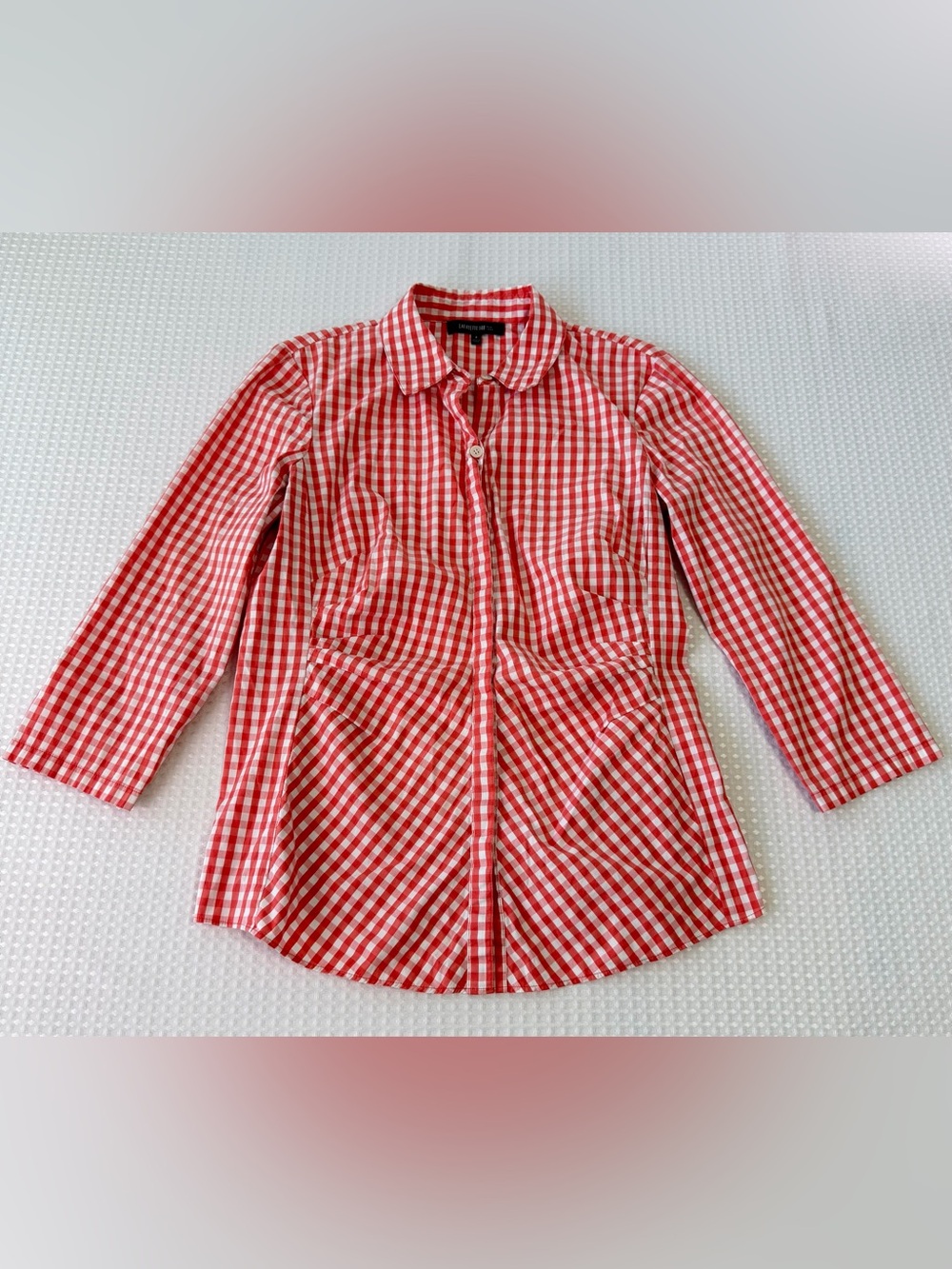Lafayette 148 New York Gingham Plaid Button Down Shirt Cotton Orange Fall Size 4